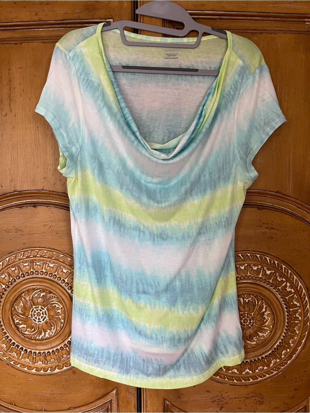 Bloomingdale's Pastel Blue, Green & White Cowl Neck Short Sleeve Tee